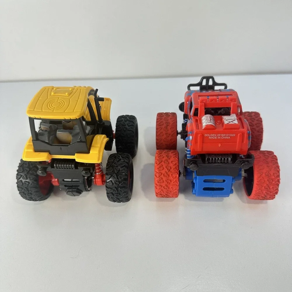 Lot of 4 Friction Propel Cars Push 'n Go Jeep Monster Truck Yellow Tractor Racer